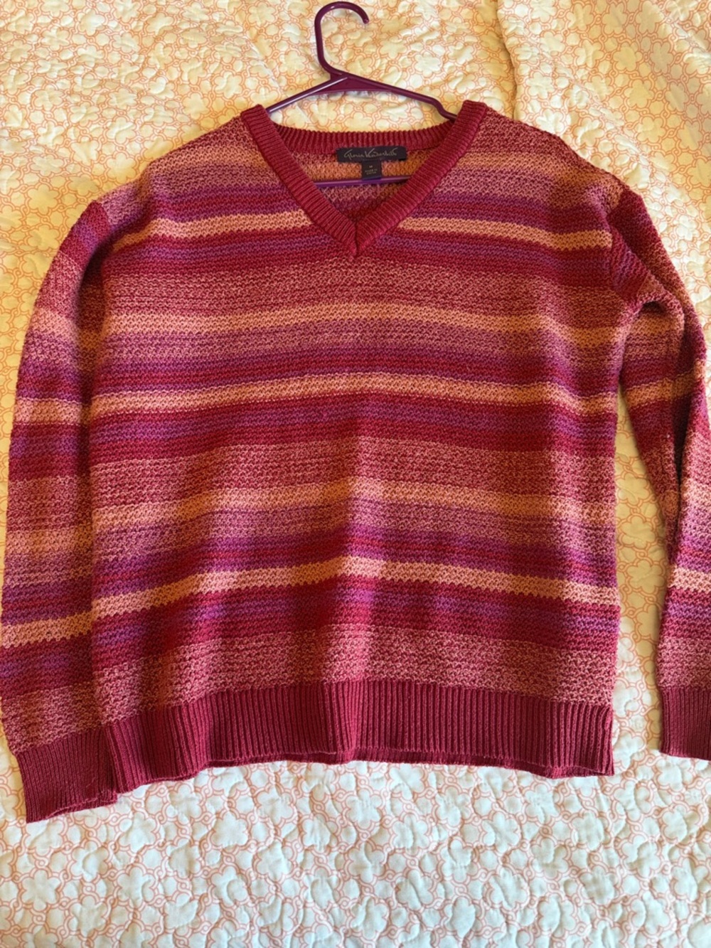 Gloria Vanderbilt Men's V-Neck Striped Sweater - Burgundy, Pink, Gold